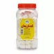 Clear jar of white sugar cubes with red lid by Tak Foods front label