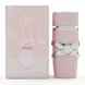 Lattafa Yara Eau de Parfum bottle and packaging in pastel pink with silver accents