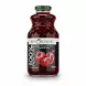Glass bottle filled with dark red pomegranate juice with front label showing pomegranate image