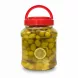 Jar of pickled green olives with lemon slices and red lid