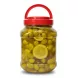 Close-up of pickled green olives in brine with lemon slices in jar