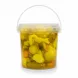 Transparent plastic tub filled with bright yellow mixed vegetable pickle