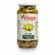 Jar of Village brand extra large pitted green olives front view on white background