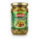 Jar of Alsaadah Salqini Syrian green olives with golden lid and green label