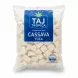 Frozen cassava yuca pieces in sealed plastic packaging with Taj Tropica branding