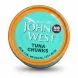 Tin of John West Tuna Chunks with orange and turquoise label
