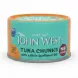 Side view of John West Tuna Chunks tin showing brand and description
