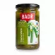 Glass jar of Badr baby cucumbers in brine showing front label