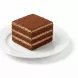 Single square chocolate layer cake slice on white plate
