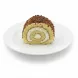 Close-up of single Halalo creamy chocolate Swiss roll slice on a white plate