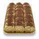 Tray of Halalo pre-sliced creamy chocolate Swiss roll slices topped with chocolate shavings