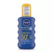 Front view of Nivea Sun Protect & Moisture SPF 50+ bottle with blue body and yellow cap