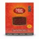 Sahar Khiz Persian saffron box front with red floral design and transparent window showing saffron threads