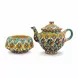 Ceramic teapot and matching warmer stand with bright traditional patterns