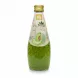 Bottle of Mr. Basil melon basil seed drink showing front label and green content with basil seeds