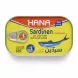 Hana brand sardines canned in sunflower oil, yellow and red tin with fish illustration