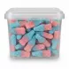 Close-up view of blue and pink fizzy bottle gummy candies