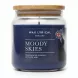 Wax Lyrical Moody Skies fragranced candle in clear glass jar with bamboo lid showing front label