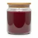 Glass jar candle with black cherry scented red wax and bamboo lid