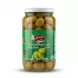 Enhanced Front of Sahha Colossal Green Olives jar with green label in grocery aisle