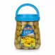 Jar of pitted green olives with blue lid and handle