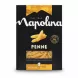 Box of Napolina Penne pasta showing dry penne visible through window