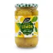 Jar of Greenfields preserved lemons with green and white checkered lid, showing whole preserved lemons in brine