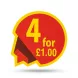 Enhanced Red and yellow sign showing 4 for £1 offer at sweets display