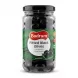 Enhanced Front view of Bodrum Pitted Black Olives jar held in hand in a store aisle