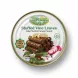 Enhanced Top view of stuffed grape leaves arranged with lemon and pomegranate on can label