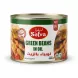 Enhanced Hand holding Sofra Green Beans in Oil can, front label visible