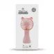 Enhanced Box of Mini Fan hand held fan in pink with USB charging icons on a countertop