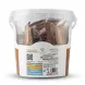 A clear plastic tub of Hijazi Taste Tamriya with Brown Wheat, filled with individually wrapped pastries, featuring a detailed label with nutritional information in English and Arabic on a pure white background. PRODUCT TITLE: Hijazi Taste Tamriya Brown Wheat