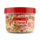 A 454g clear plastic tub of Al Yaman Halawa with whole pistachios from Lebanon, presented as a professional e-commerce product photo on a clean white background. The red lid is visible at the top. The label is sharp, clearly showing all text and branding, including "Al Yaman Halawa Pistachio," "Produced in Lebanon," and contact details. PRODUCT TITLE: Al Yaman Halawa Pistachio PRODUCT: A professional, studio-quality e-commerce photograph of the Al Yaman Halawa Pistachio 454g tub, as shown in image_0.png, but centered and filling approximately 85% of the square (1:1 aspect ratio) frame. All elements of the messy store background (floors, feet, hands, shelves, products, price tags) are completely removed, replaced by a flawless, seamless pure white studio background. The product, a clear plastic tub with a red ribbed screw-top lid, is isolated. The contents, a dense, creamy-looking Halawa mixture densely studded with whole, rich green pistachios, are perfectly clear and sharp, with all surface imperfections on the plastic tub (fingerprints, dust, etc.) digitally cleaned. The front label from image_0.png is kept, but rendered with razor-sharp clarity, ensuring every detail is perfectly legible, including: the title "Al Yaman" in large red script with "Founder & The Original" below it; "Halawa Pistachio" clearly written; the Producer "Produced in Lebanon" and contact numbers ("Tel 08/930796", "Tel/Fax 07/222580"); and other branding logos ("ACERTA" certification, "The Original" with a chef-like icon). The red lid at the top is pristine. The composition is head-on. The lighting is soft and even professional studio quality, designed to make the pistachios pop and make all text perfectly readable. The product casts a very subtle, soft, symmetrical contact shadow directly beneath it, balanced on both sides, grounding it without being obtrusive. All specific text, numbers, and facts from the label in image_0.png are preserved exactly, just made clearer. All visible labels, price stickers, and tags are removed from the background. The final image is sharp-focus throughout.
