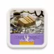 Enhanced Front view of Oghab Tahini Halva Sugar Free tub with halva slices