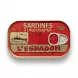 Enhanced L'ESPADON Sardines in Vegetable Oil tin held in hand front view