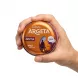A 95g tin of Argeta Jetrena liver pâté, held in a hand against a clean white background. The orange tin features clear product details, a 'močnejši OKUS' graphic, and a 'BREZ aditivov' claim.