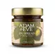 ** A professionally-lit front view of a 260g jar of Adam & Eve Fig Spread with a gold lid, set against a clean white background. The detailed green label prominently displays the brand name, a fresh fig graphic, and the description "product of Greece," filling 85% of the frame with a soft, symmetrical shadow.