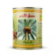 A professional e-commerce product photograph of a tin of SJN Date Syrup from Karbala. The yellow and green tin, centered on a pure white background, prominently features an illustration of a date palm tree with fruit. Above the tree, the Arabic text "عسل التمر" (Date Syrup) is in red, and below the tree, "كربلاء" (Karbala) is in green. A factual nutritional information panel is clearly visible on the right.