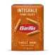 A professional 1:1 e-commerce product photograph of a 500g box of Barilla Wholemeal Penne Rigate pasta on a clean white background. The orange-brown box is centered and takes up 85% of the frame. It displays the text "INTEGRALE PENNE RIGATE" and "Barilla," along with illustrations of wheat and three dry penne pasta pieces. All text and graphics are sharp and clear.