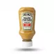 Enhanced A hand holds a bottle of Heinz English Mustard Hot against a white background. The 255g squeeze bottle features the red and green classic style label.