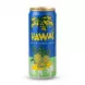 A 33cl can of Hawai Piña Pineapple Sparkling Drink, featuring a bright yellow tropical design with pineapples and the text 'Un vrai cocktail de rêve' on a blue and green background. The can is centered against a clean white backdrop, highlighting its authentic shape and vibrant colors.