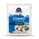 [Product packaging for Olympus Traditional Sheep Cheese, an authentic Halal Greek feta cheese. The front view shows the 150g pouch against a seamless white background, with branding, a landscape of Greek ruins, and a serving suggestion bowl of feta salad.]