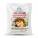 A professional studio photograph of a 225g package of Dairy Day Halloumi with Crunchy Chilli, featuring a clean white label with text and an image of fried cheese on a salad. PRODUCT TITLE: Dairy Day Halloumi Crunchy Chilli PRODUCT: Dairy Day Halloumi with Crunchy Chilli 225g packaged front PREFERENCES: - Aspect ratio: 1:1