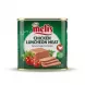 A 1:1 professional e-commerce product photograph of a green metal can of Gima Melis Chicken Luncheon Meat, featuring a detailed label with a serving suggestion, halal logos, and multiple languages. {image}