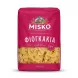 A 1:1 professional e-commerce product photograph showing a single 500g package of Misko Farfalle pasta against a clean, white background. The bright magenta package is centered, featuring clear Greek and English text, with a transparent window at the bottom revealing the bow-tie-shaped pasta. There are no tags or labels, and the lighting is even and sharp with a soft, symmetrical shadow.
