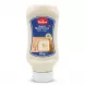 A 1:1 professional studio photograph of a Sofra Garlic Mayonnaise 500g squeeze bottle, isolated on a pure white background with soft, symmetrical shadows. The detailed blue front label, containing all original English and Arabic text, the logo, the serving suggestion image, and weight info, is sharply defined. {image}