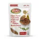 A 1:1 professional product photo of a 400g Sahha Aleppo Thyme Extra blend resealable stand-up pouch, centered on a seamless white background with even studio lighting and a soft, symmetrical contact shadow. The white pouch, filling 85% of the frame, features the 'SAHHA' brand logo and product information in multiple languages (English, French, Dutch, German, Swedish) and Arabic text. The product graphic shows two wooden spoons holding the za'atar spice mix and a bottle of olive oil, with fresh thyme sprigs. All text is crisp and clear, and the pouch is in pristine condition without any store tags or imperfections.