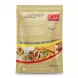 A professional e-commerce product image showing the back of a Tazij Frying Kibbi Halal stand-up pouch, isolated on a white background. The light gold package features the Tazij logo in Arabic, a Halal certification mark, and a clear serving suggestion graphic displaying various appetizer-style foods including fried kibbeh and pastries.