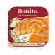 A 1:1 professional e-commerce product photograph of a frozen Bonito brand Apple Strudel Pie (Plăcintă rulată cu mere), weighing 800g. The square dark red packaging is perfectly centered, floating 85% of the frame against a clean white background. The packaging features a prominent white Bonito logo and is centered on a mouth-watering image of a golden-brown, spiral-shaped apple pastry resting on a patterned doily and green and white gingham napkin. The top-left corner includes a graphic of apple slices and cinnamon sticks. Product details like the weight '800ge' and Romanian and English text are clear and sharp, free from all price tags, shelf clutter, or imperfections. The entire image is evenly and softly lit with a faint, balanced shadow underneath.